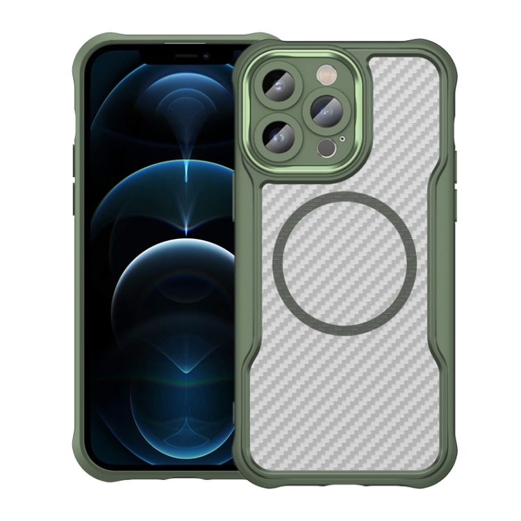 

For iPhone 12 Pro Max Carbon Fiber Texture MagSafe Translucent Phone Case(Green)