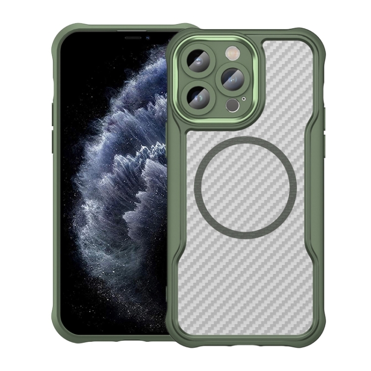 

For iPhone 11 Pro Carbon Fiber Texture MagSafe Translucent Phone Case(Green)