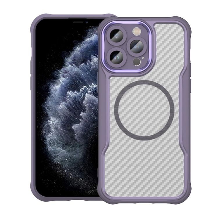 

For iPhone 11 Pro Carbon Fiber Texture MagSafe Translucent Phone Case(Purple)