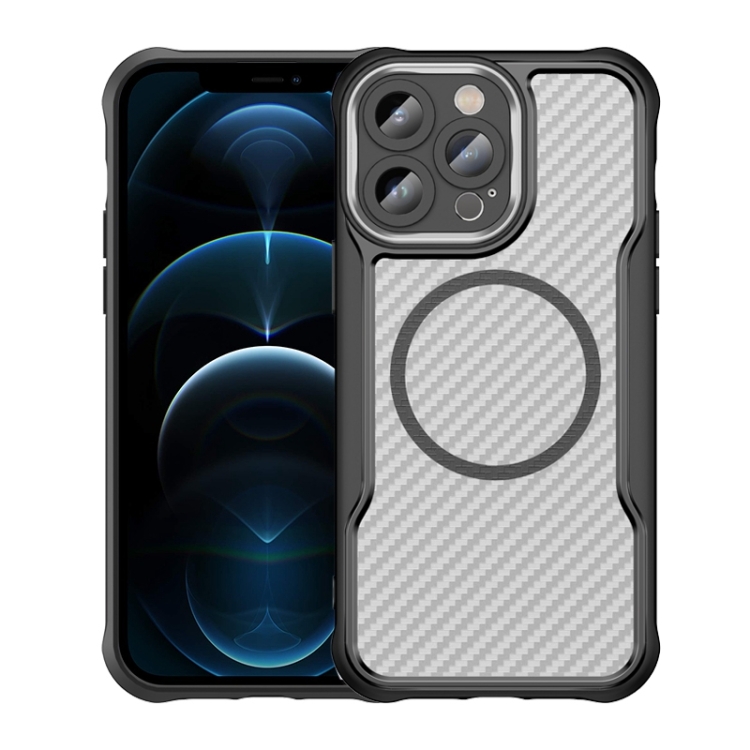 

For iPhone 12 Pro Carbon Fiber Texture MagSafe Translucent Phone Case(Black)