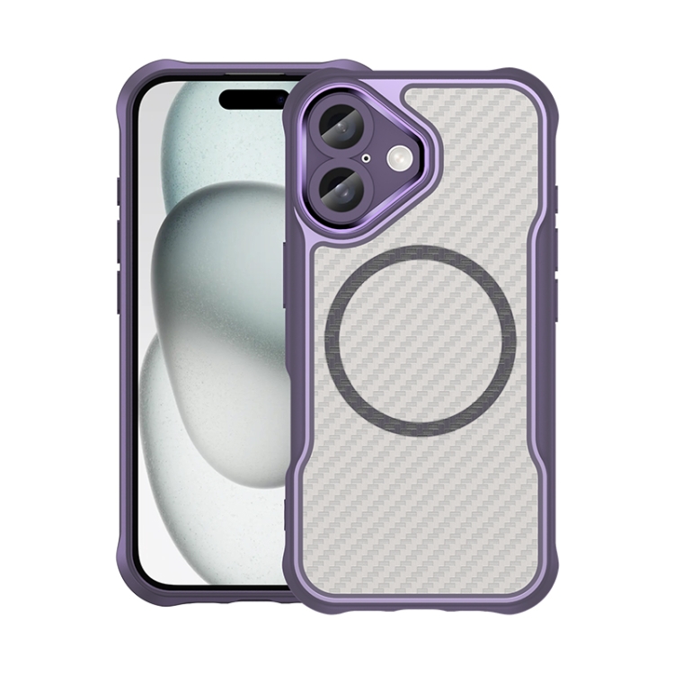 

For iPhone 16 Carbon Fiber Texture MagSafe Translucent Phone Case(Purple)