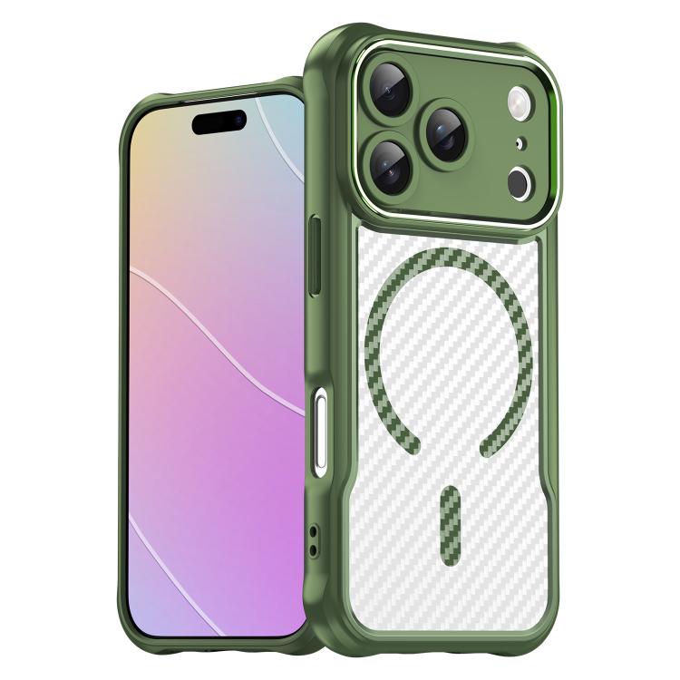 

For iPhone 17 Pro Carbon Fiber Texture MagSafe Translucent Phone Case(Green)