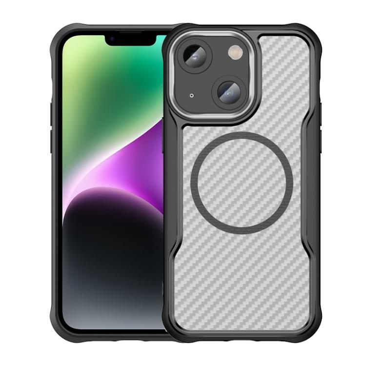 For iPhone 13 Carbon Fiber Texture MagSafe Translucent Phone Case(Black)