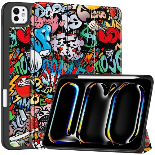 

For iPad Pro 11 2024 Custer Painted 3-Fold Holder Smart Leather Tablet Case with Pen Tray(Graffiti)