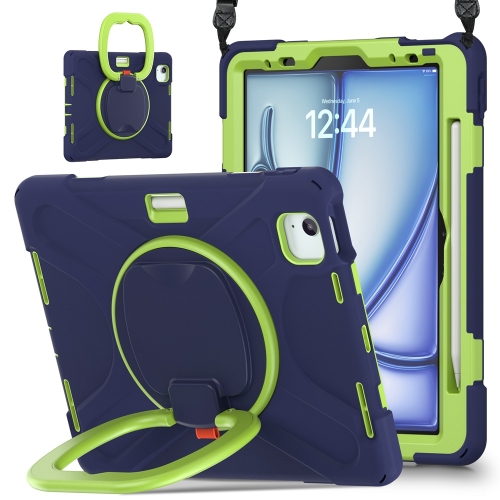 

For iPad Air 11 2024 Silicone Hybrid PC Tablet Case with Holder & Shoulder Strap(Navy Blue Lime)