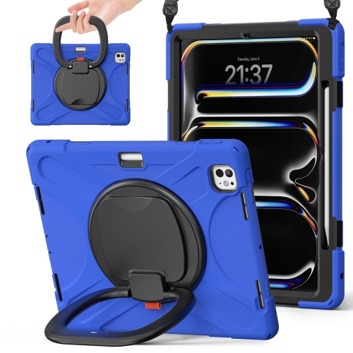 

For iPad Pro 11 2024 Silicone Hybrid PC Tablet Case with Holder & Shoulder Strap(Blue)