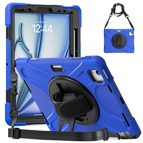 

For iPad Air 11 2024 Rotatable Holder Silicone Hybrid PC Tablet Case with Shoulder Strap(Blue)