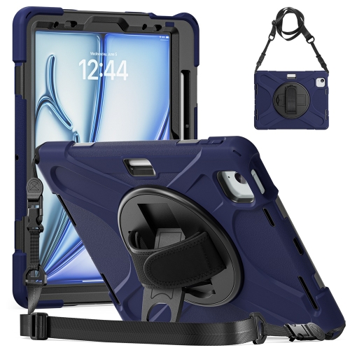 

For iPad Air 11 2024 Rotatable Holder Silicone Hybrid PC Tablet Case with Shoulder Strap(Navy Blue)