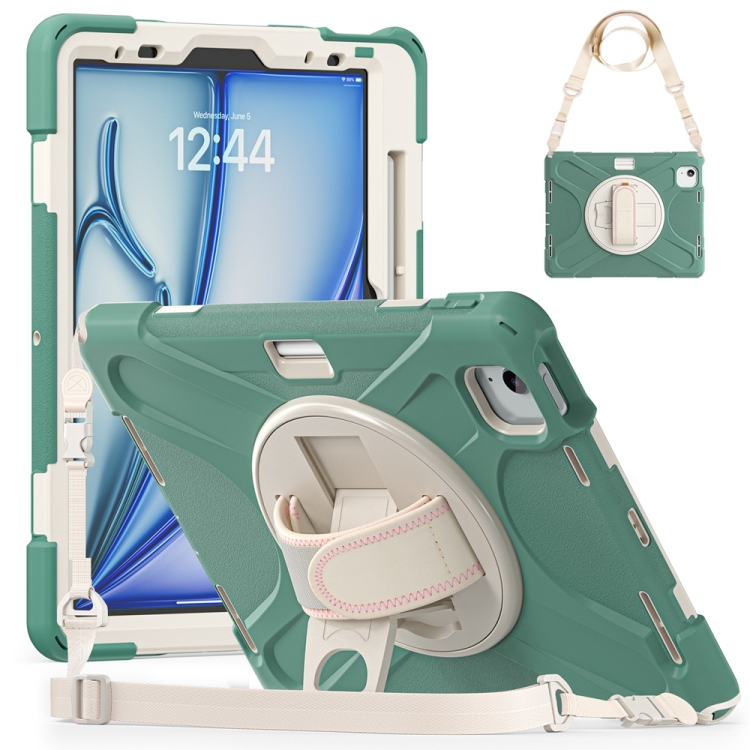 

For iPad Air 11 2024 / Air 11 2025 Rotatable Holder Silicone Hybrid PC Tablet Case with Shoulder Strap(Emreald Green)