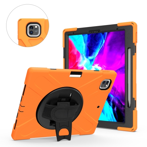 For iPad Pro 13 2024 Rotatable Holder Silicone Hybrid PC Tablet Case with Shoulder Strap(Orange)