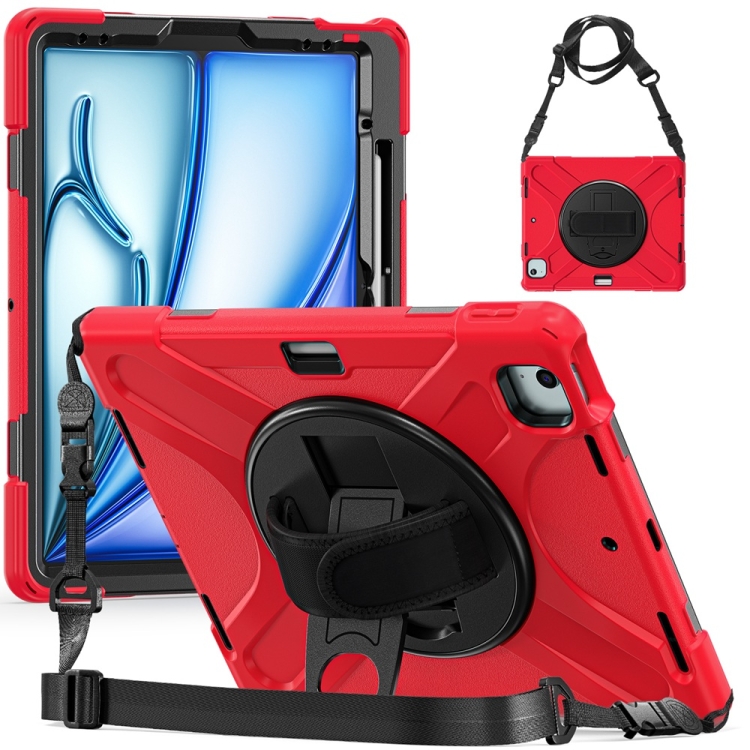 

For iPad Air 13 2024 / Air 13 2025 Rotatable Holder Silicone Hybrid PC Tablet Case with Shoulder Strap(Red)