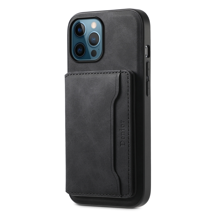 

For iPhone 12 Pro Max Denior D13 Retro Texture Leather MagSafe Card Bag Phone Case(Black)