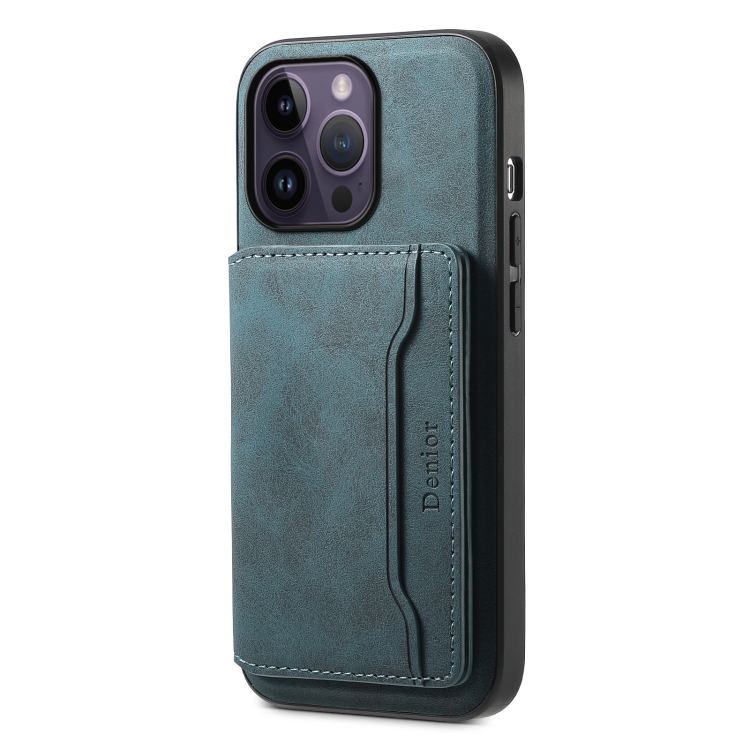 

For iPhone 14 Pro Max Denior D13 Retro Texture Leather MagSafe Card Bag Phone Case(Blue)