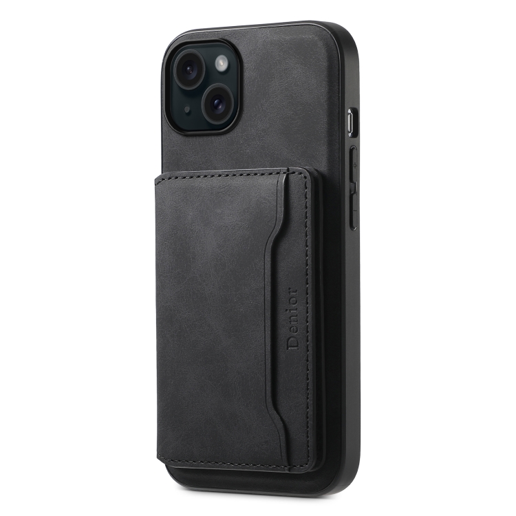 

For iPhone 15 Plus Denior D13 Retro Texture Leather MagSafe Card Bag Phone Case(Black)