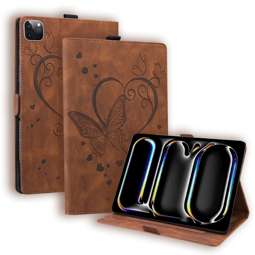 

For iPad Pro 11 2024 Love Butterfly Embossed Leather Tablet Case(Brown)