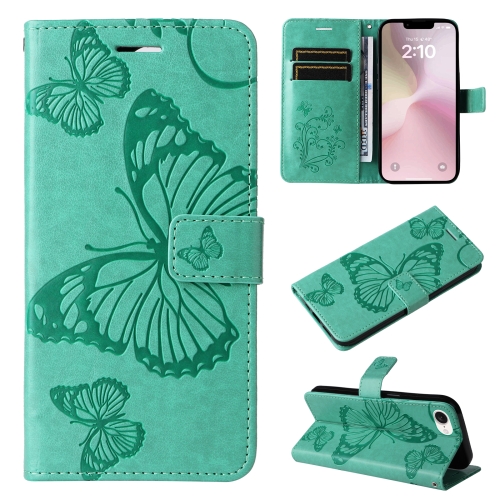 

For iPhone SE 2024 3D Butterfly Embossed Pattern Flip Leather Phone Case(Green)