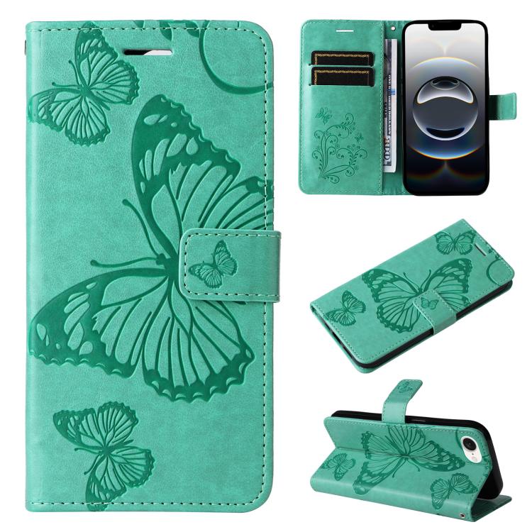 

For iPhone SE 2024 3D Butterfly Embossed Pattern Flip Leather Phone Case(Green)