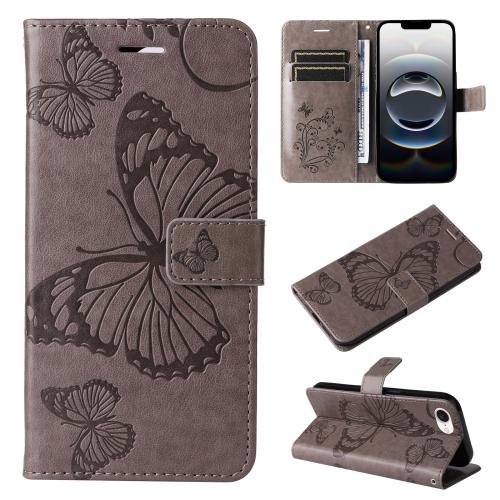

For iPhone 16e 3D Butterfly Embossed Pattern Flip Leather Phone Case(Grey)