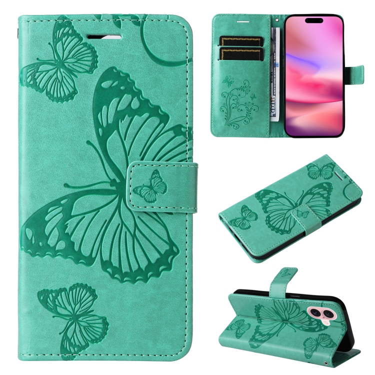 

For iPhone 16 3D Butterfly Embossed Pattern Flip Leather Phone Case(Green)