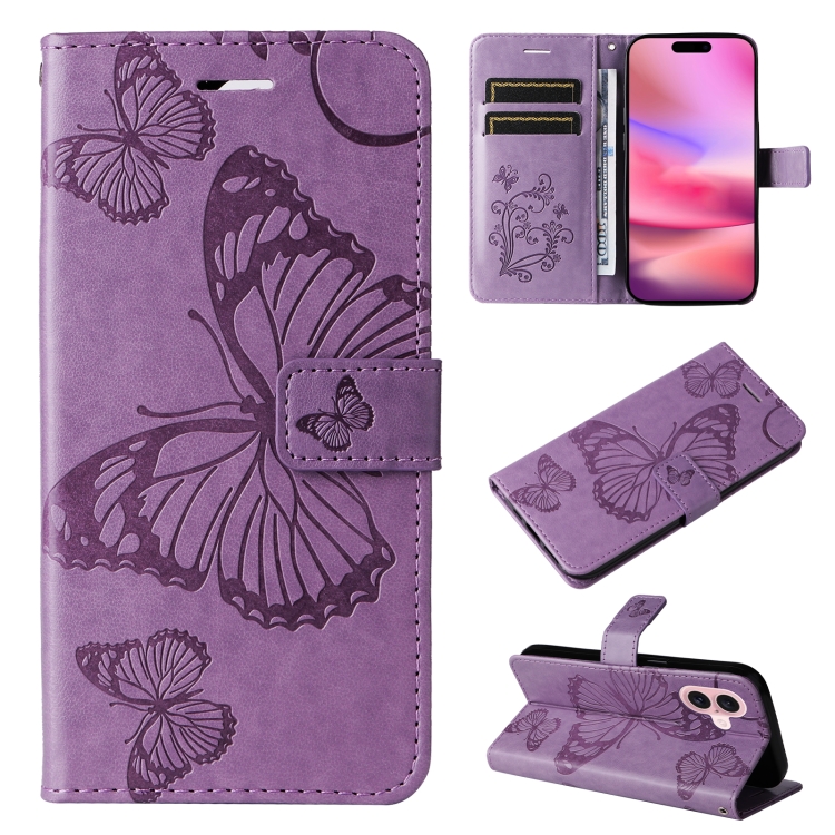 

For iPhone 16 3D Butterfly Embossed Pattern Flip Leather Phone Case(Purple)