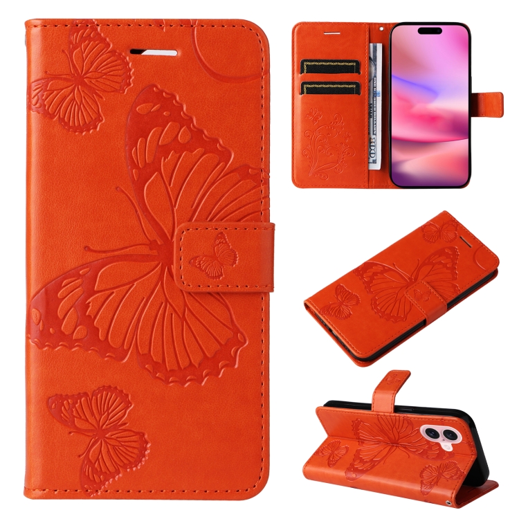 

For iPhone 16 3D Butterfly Embossed Pattern Flip Leather Phone Case(Orange)