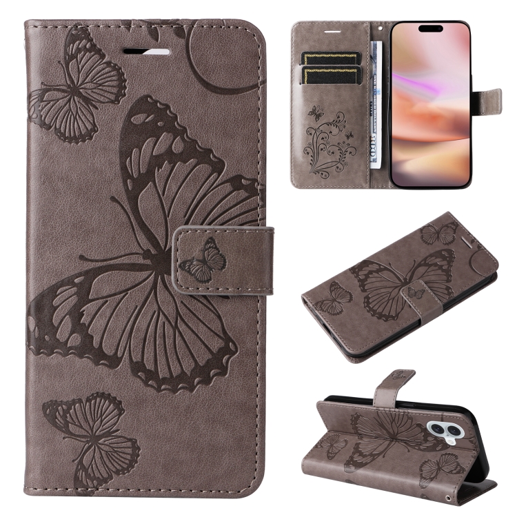 

For iPhone 16 Plus 3D Butterfly Embossed Pattern Flip Leather Phone Case(Grey)