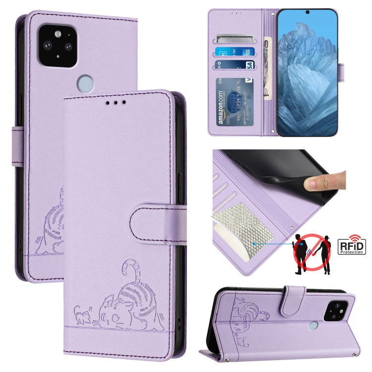 For Google Pixel XL/4a 5G Cat Rat Embossed Pattern RFID Leather