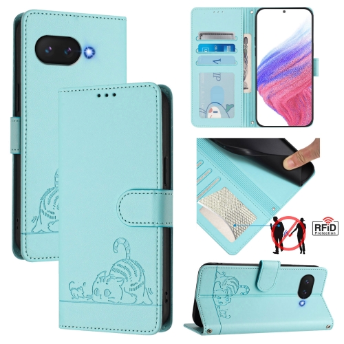 

For Google Pixel 9a Cat Rat Embossed Pattern RFID Leather Phone Case with Lanyard(Mint Green)