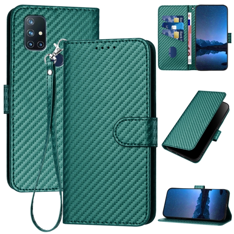 

For OnePlus Nord N10 5G YX0070 Carbon Fiber Buckle Leather Phone Case with Lanyard(Dark Green)