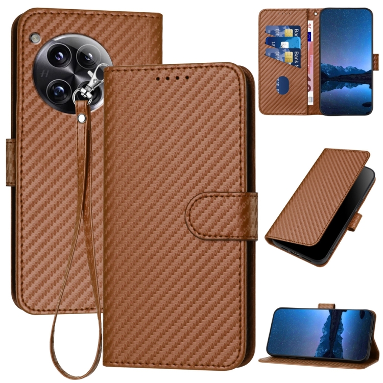 

For OnePlus 12 YX0070 Carbon Fiber Buckle Leather Phone Case with Lanyard(Coffee)