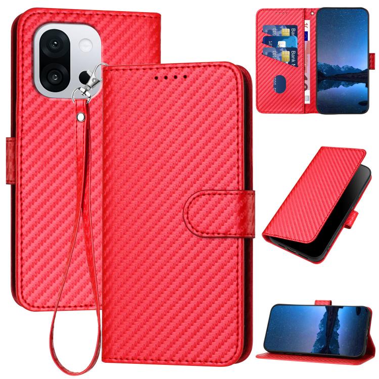 

For OnePlus 13T YX0070 Carbon Fiber Buckle Leather Phone Case with Lanyard(Red)