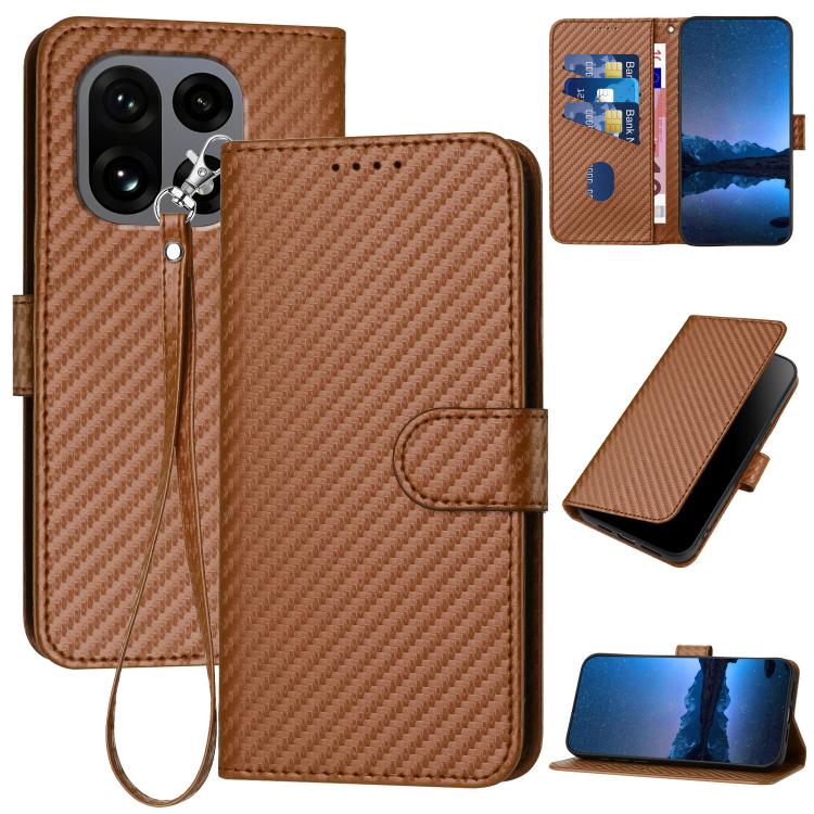 

For OnePlus 15 YX0070 Carbon Fiber Buckle Leather Phone Case with Lanyard(Coffee)