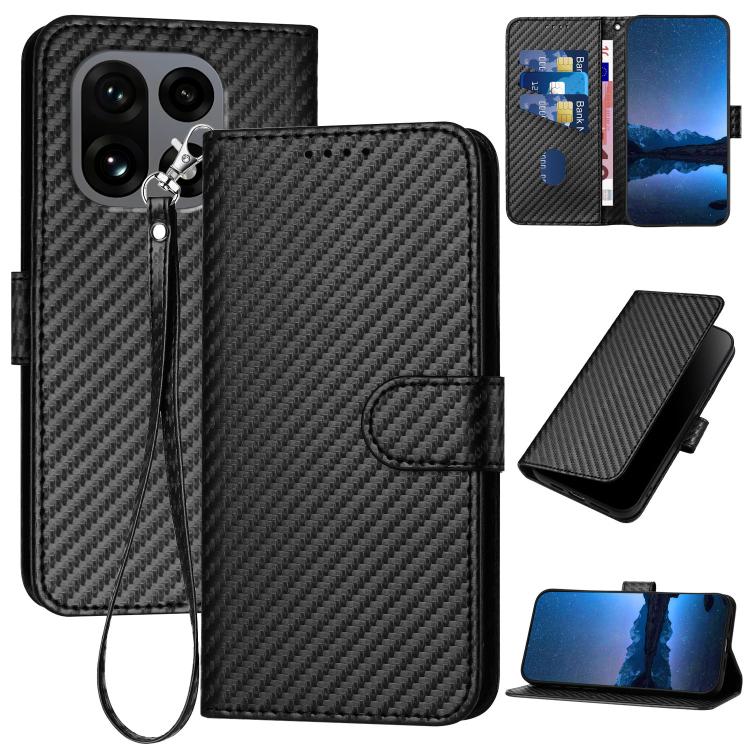 

For OnePlus 15 YX0070 Carbon Fiber Buckle Leather Phone Case with Lanyard(Black)
