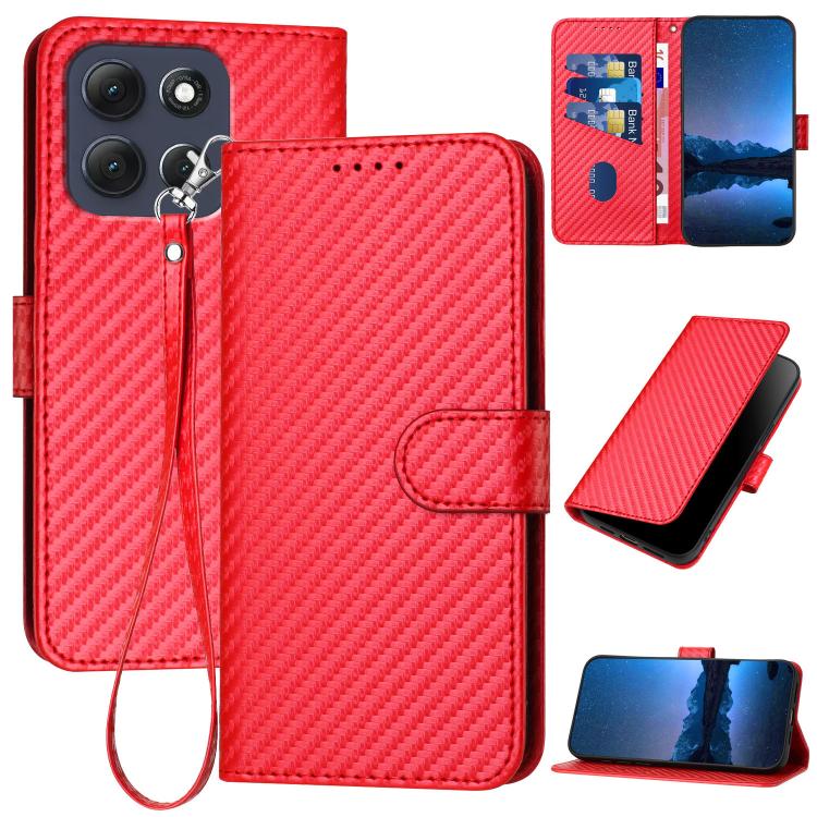 

For Motorola Moto G86 Power YX0070 Carbon Fiber Buckle Leather Phone Case with Lanyard(Red)