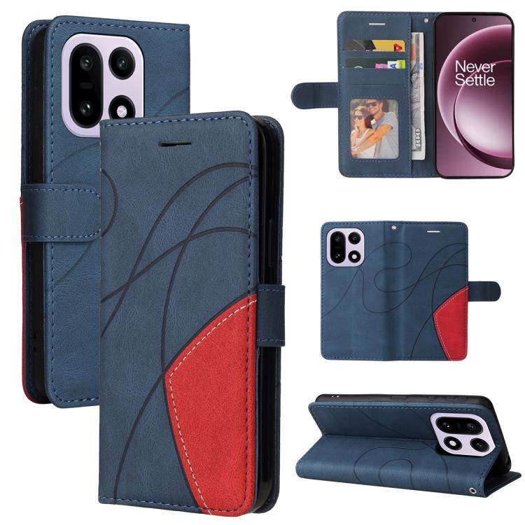 

For OnePlus 15 Dual-color Splicing Flip Leather Phone Case(Blue)