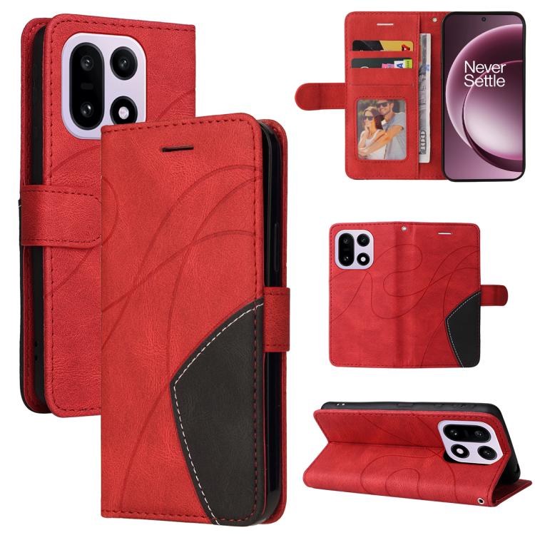 

For OnePlus 15 Dual-color Splicing Flip Leather Phone Case(Red)