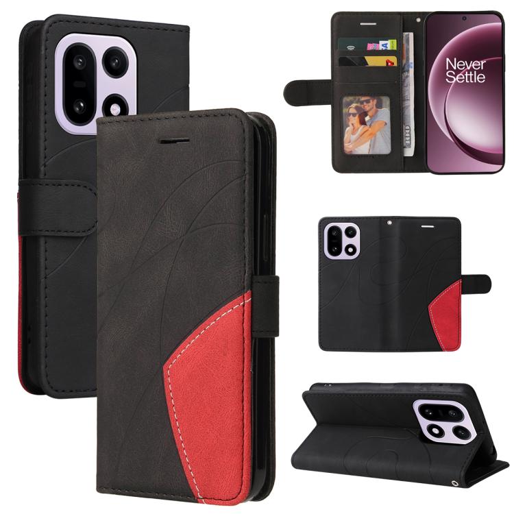 

For OnePlus 15 Dual-color Splicing Flip Leather Phone Case(Black)