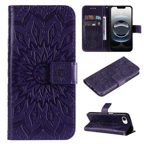 

For iPhone 16e Embossed Sunflower Pattern Flip Leather Phone Case(Purple)