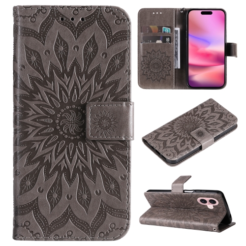 

For iPhone 16 Embossed Sunflower Pattern Flip Leather Phone Case(Grey)