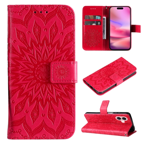 

For iPhone 16 Embossed Sunflower Pattern Flip Leather Phone Case(Red)