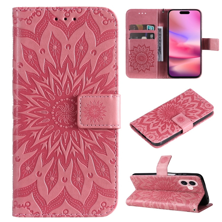 

For iPhone 16 Embossed Sunflower Pattern Flip Leather Phone Case(Pink)