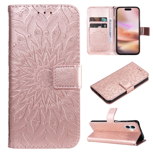 

For iPhone 16 Plus Embossed Sunflower Pattern Flip Leather Phone Case(Rose Gold)