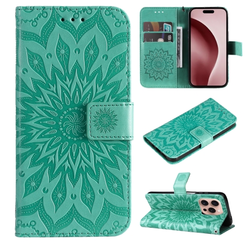 

For iPhone 16 Pro Embossed Sunflower Pattern Flip Leather Phone Case(Green)