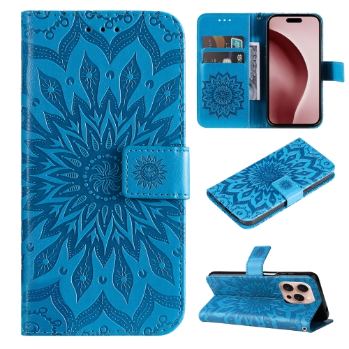 

For iPhone 16 Pro Embossed Sunflower Pattern Flip Leather Phone Case(Blue)