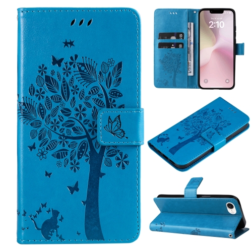 

For iPhone SE 2024 Tree & Cat Embossed Pattern Flip Leather Phone Case(Blue)