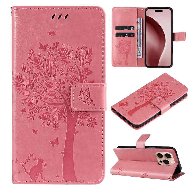 

For iPhone 16 Pro Tree & Cat Embossed Pattern Flip Leather Phone Case(Pink)