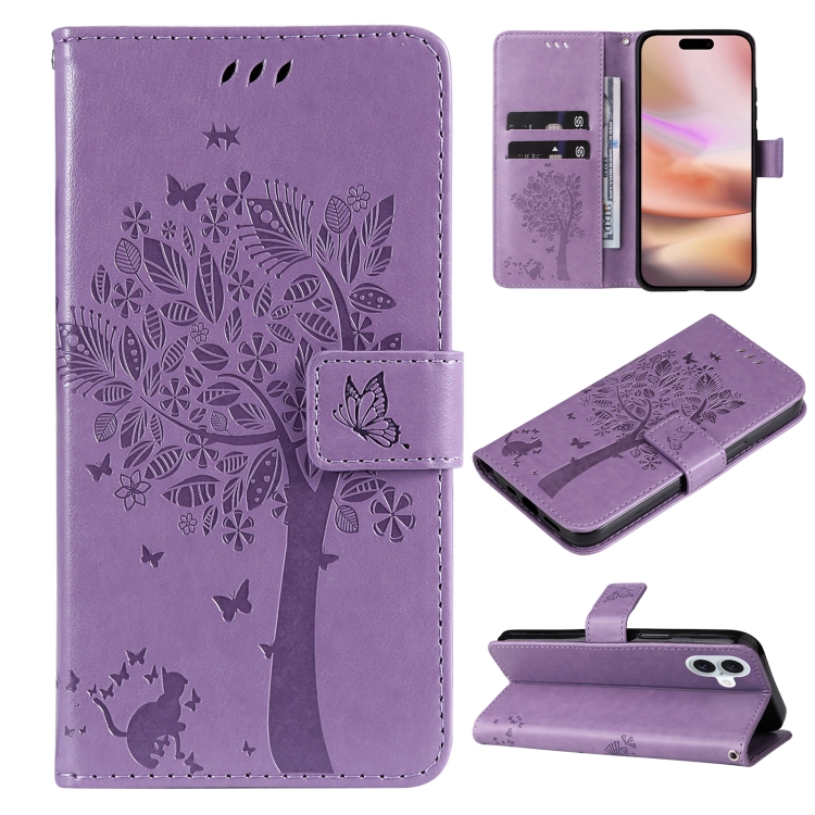 

For iPhone 16 Plus Tree & Cat Embossed Pattern Flip Leather Phone Case(Light Purple)