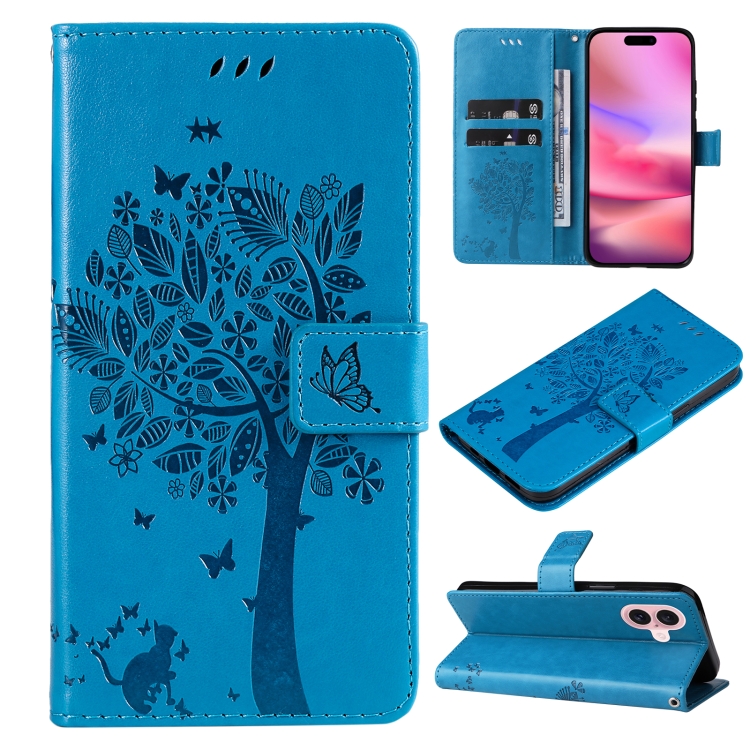 

For iPhone 16 Tree & Cat Embossed Pattern Flip Leather Phone Case(Blue)