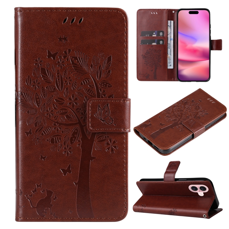 

For iPhone 16 Tree & Cat Embossed Pattern Flip Leather Phone Case(Coffee)