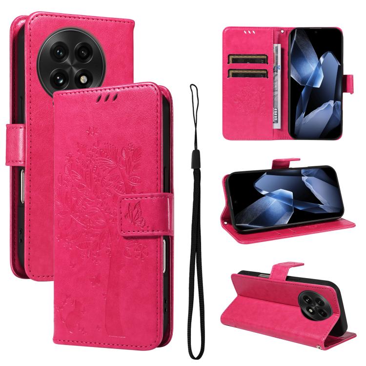 

For OnePlus 13 Tree & Cat Embossed Pattern Flip Leather Phone Case(Rose Red)